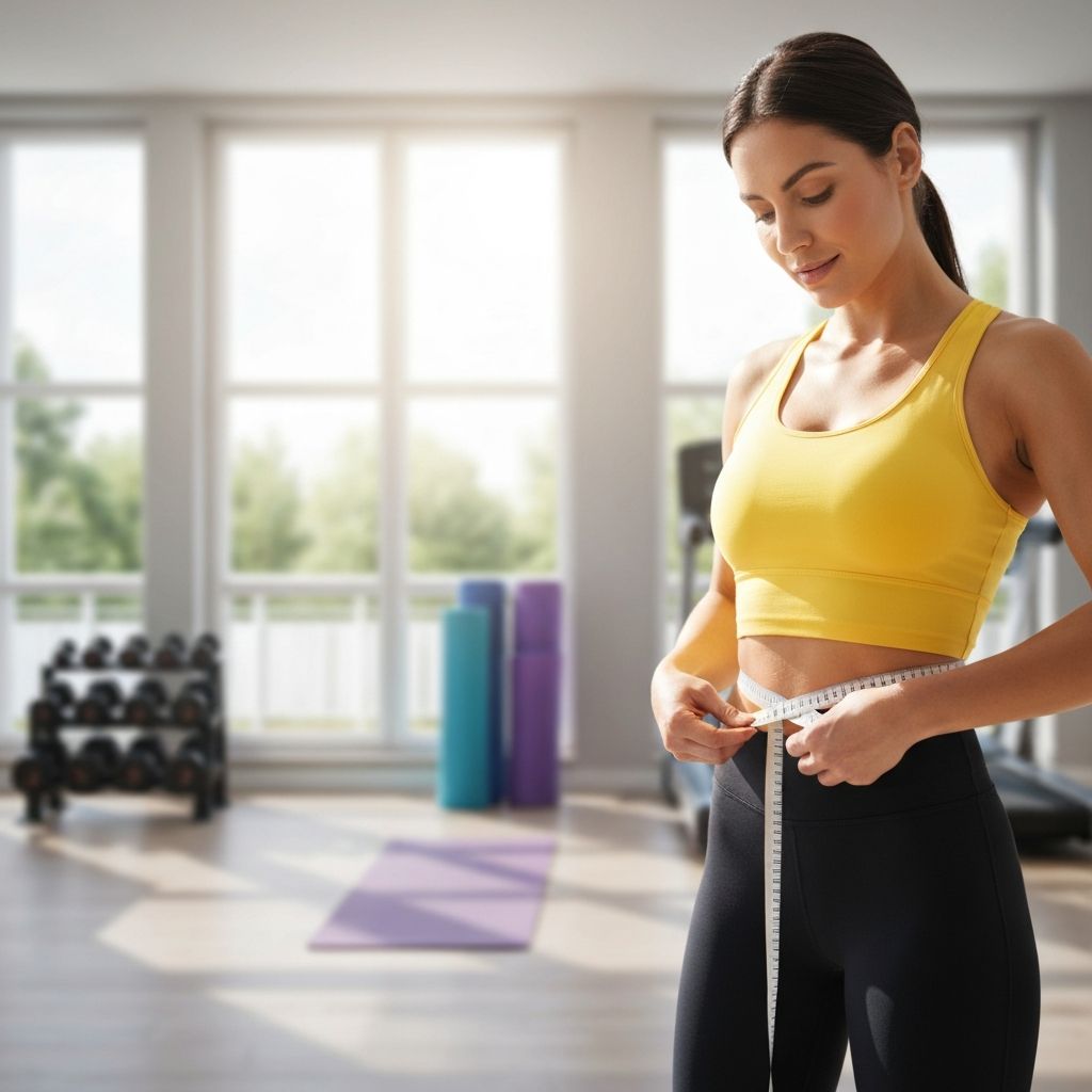 Woman measuring waist with measuring tape holding beetroot powder shake - weight loss transformation